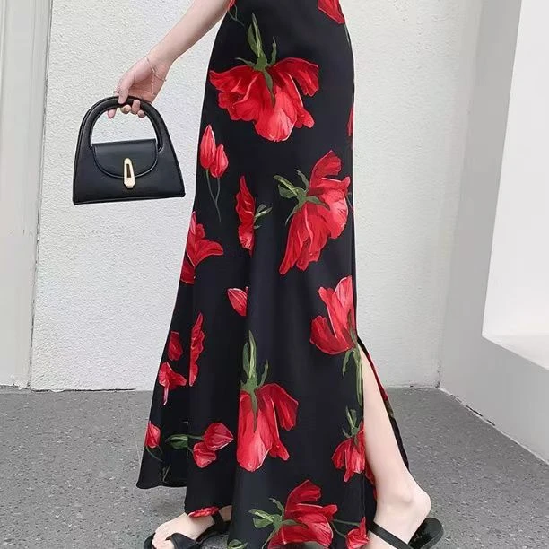 【芳芳女装】升级版侧开叉碎花雪纺半身裙法式风情包臀鱼尾长裙