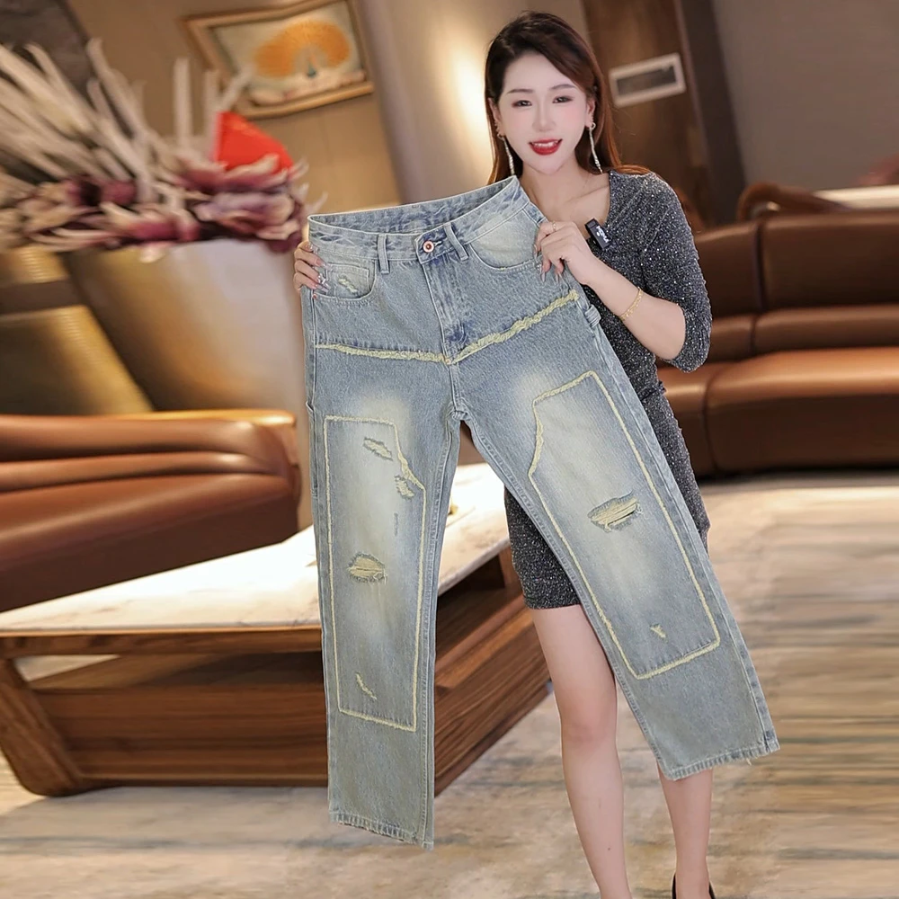 INTI秋冬季轻奢高端潮牌机车风男士牛仔裤宽松大直筒男裤伐木裤