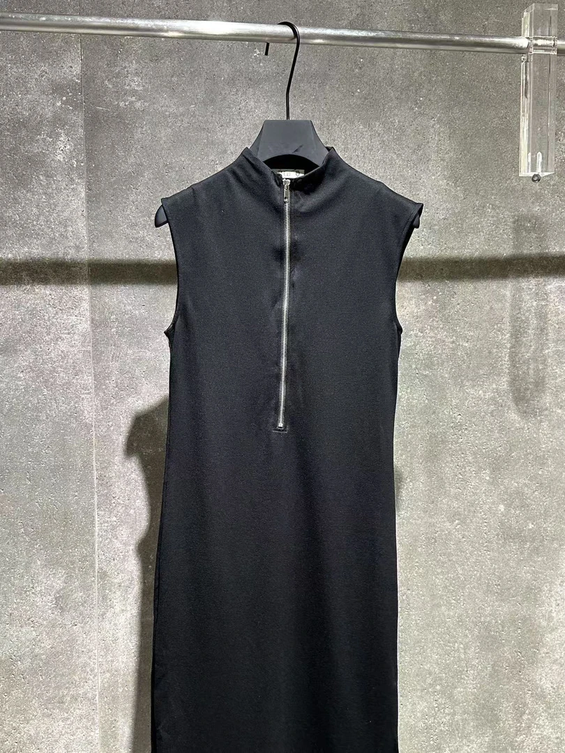 【Ann.G】N10103黑色半拉链长款弹力无袖连衣裙