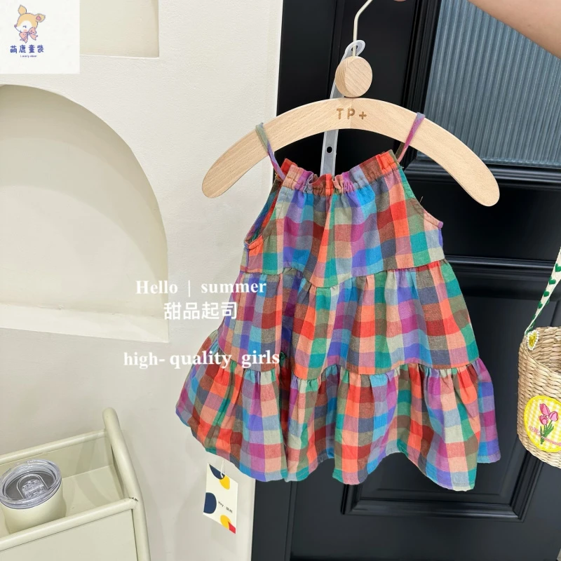 韩国童装2023夏款女宝宝格子吊带裙彩色女童背心裙子儿童无袖裙潮