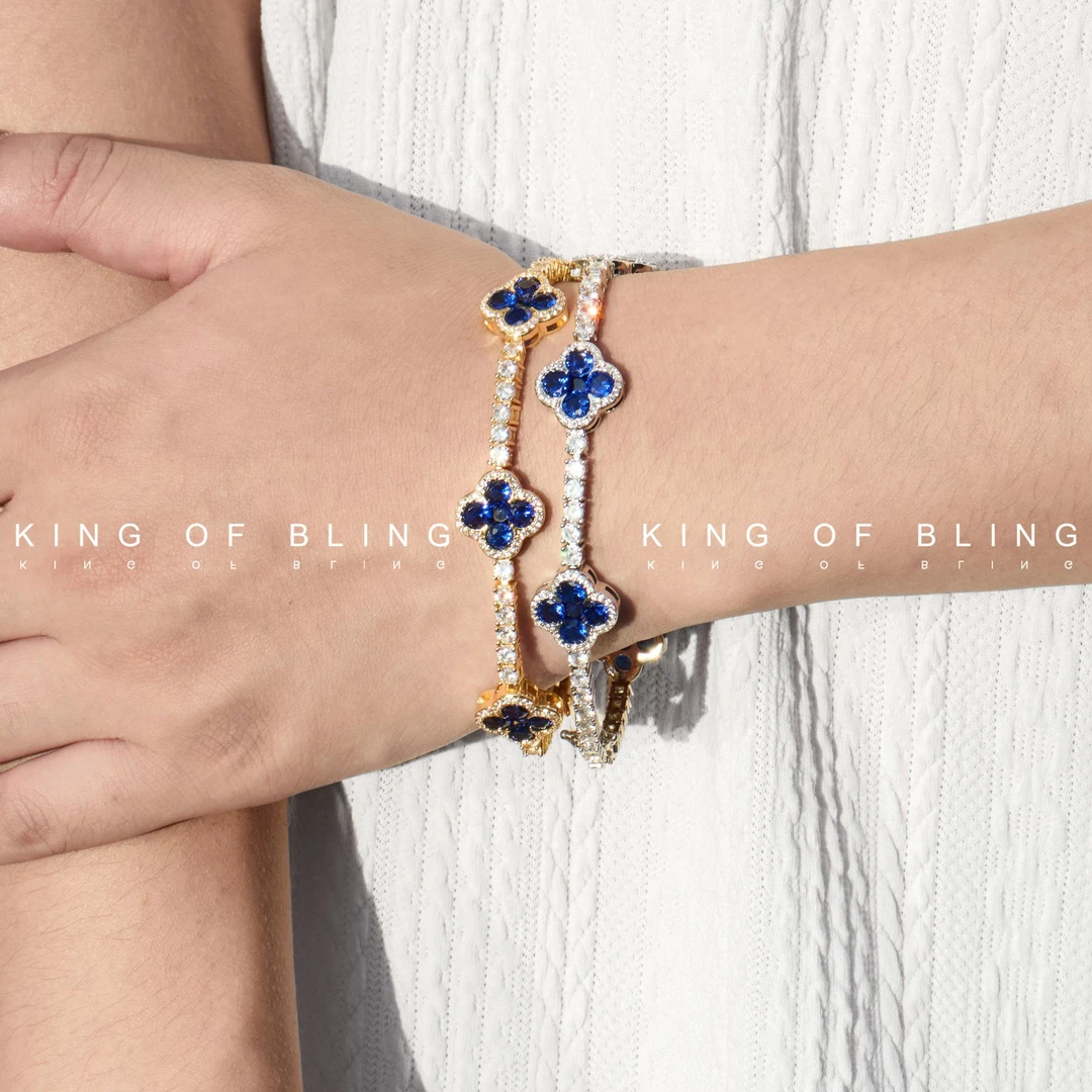 KING OF BLING 铜合金合成锆石手链 满钻四叶草嘻哈镶嵌欧美