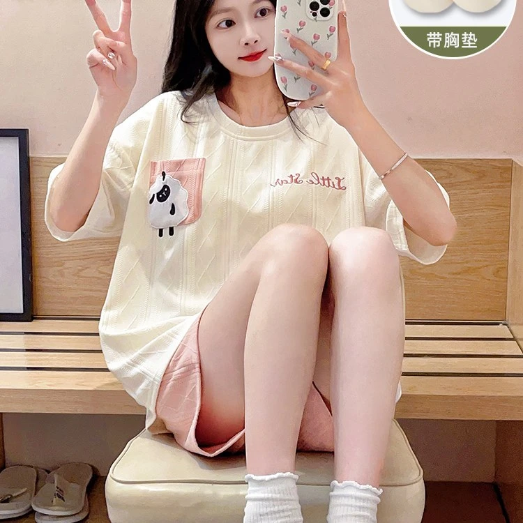 带胸垫睡衣女夏季甜美可爱学生韩版大码可外穿夏天薄款家居服套装