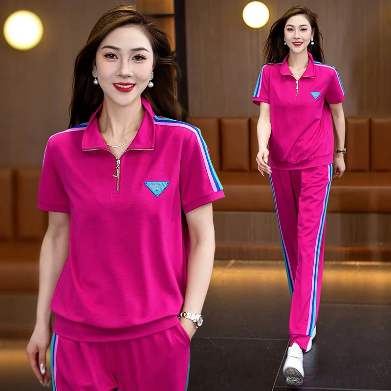 休闲运动套装女夏季2025新款时尚洋气大码宽松减龄跑步两件套薄款