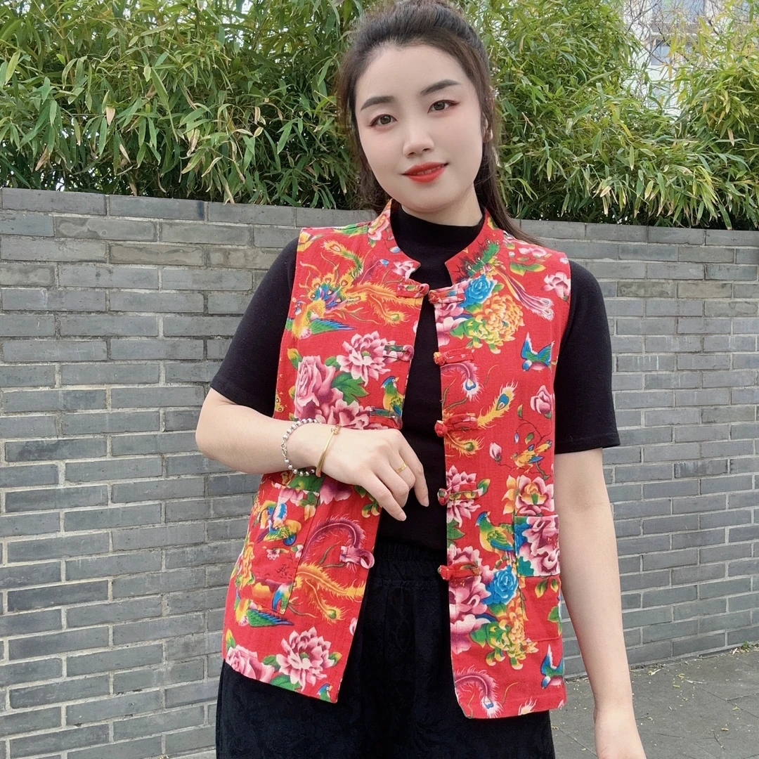 春日限定中式东北大花布棉麻套装复古盘扣民族风马甲