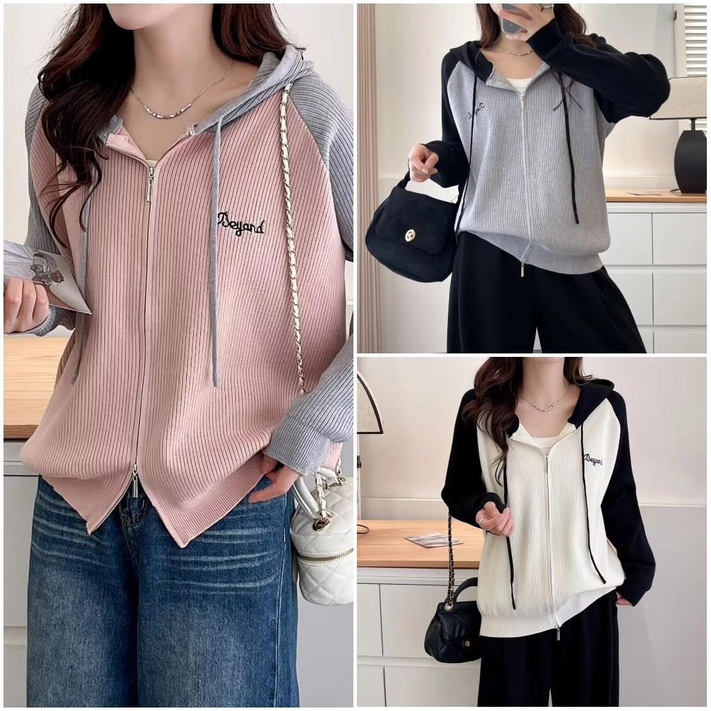 大码胖mm早秋新款撞色字母刺绣双拉链连帽针织开衫女宽松显瘦上衣