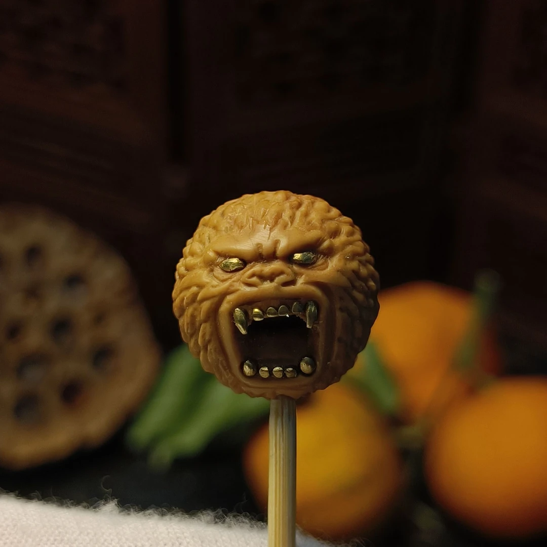 猴头雕刻镶嵌狂猩单颗怒目狂猩金獠牙手串黄铜镶嵌单籽