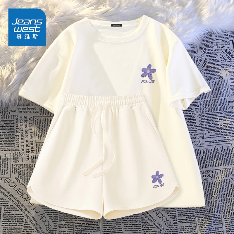 真维斯休闲运动套装女2025年夏季新款印花洋气短袖短裤两件套穿搭