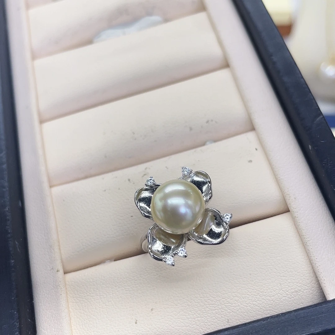 银S925镶嵌戒指海水珍珠干枯玫瑰戒指