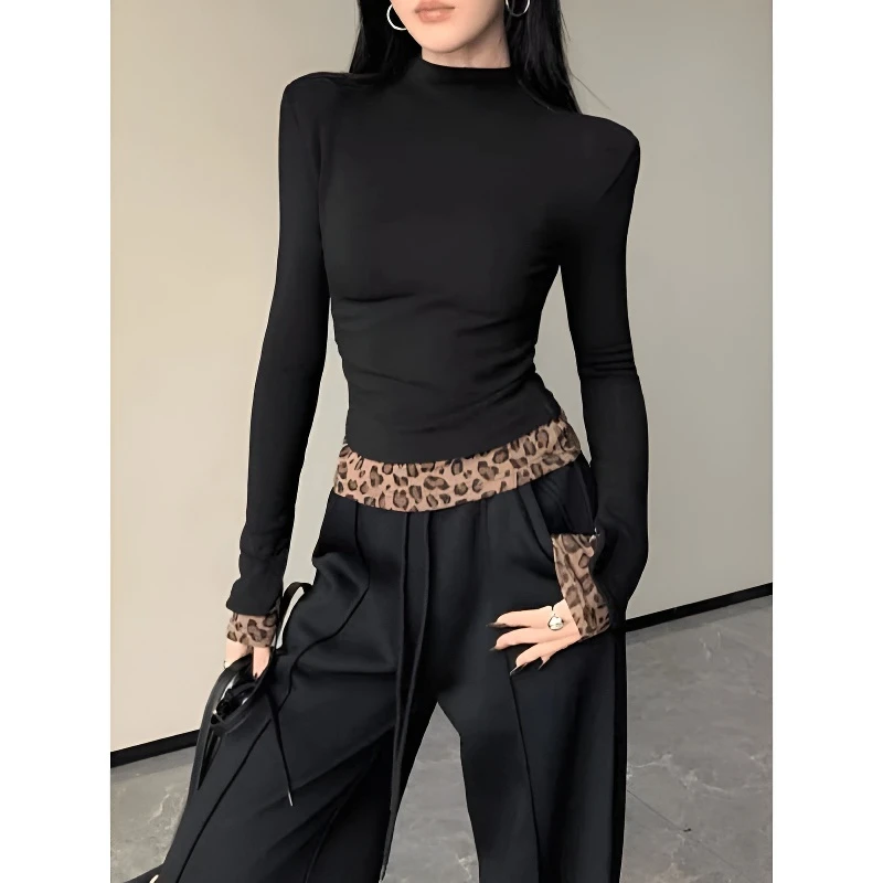 【现货+运险】秋冬加绒拼接假两件打底衫显瘦修身半高领上衣T90095