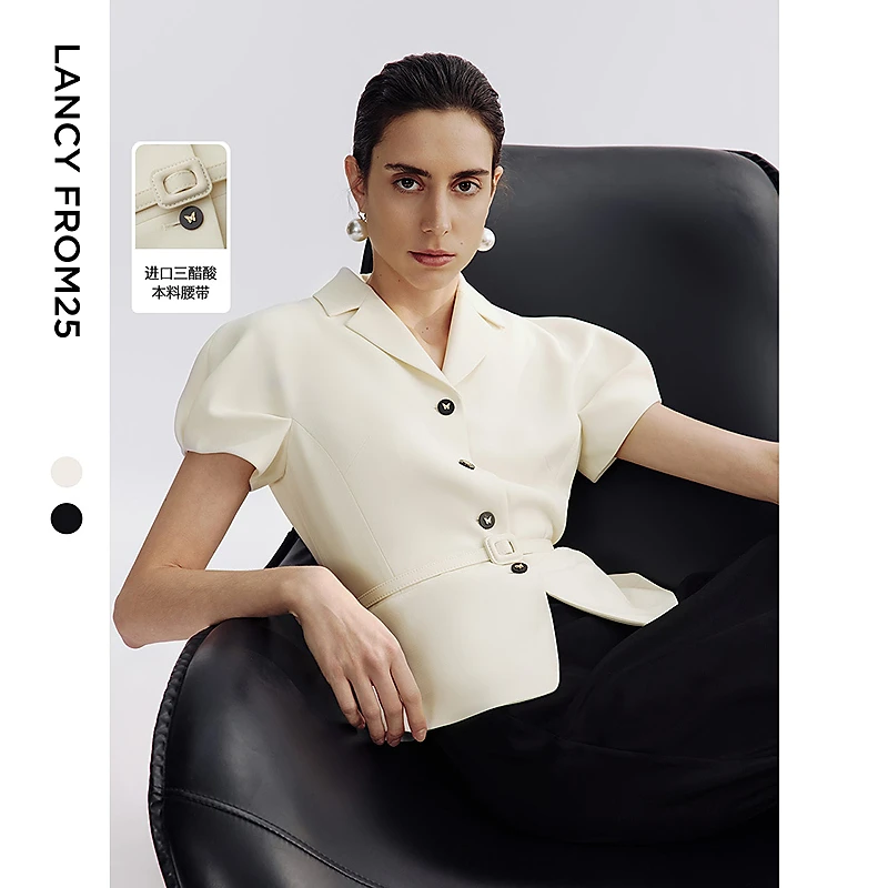 朗姿2025夏季新款收腰翻领三醋酸西装短外套腰带修身通勤商务上衣