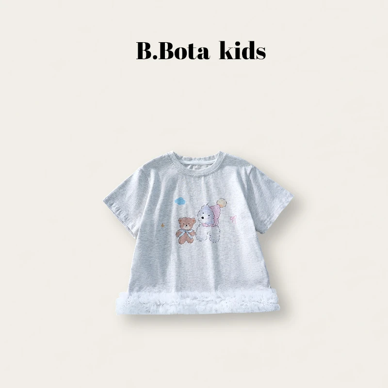 【姐姐家】25夏款儿童下摆蕾丝边小熊小狗印花短袖T恤bt6131