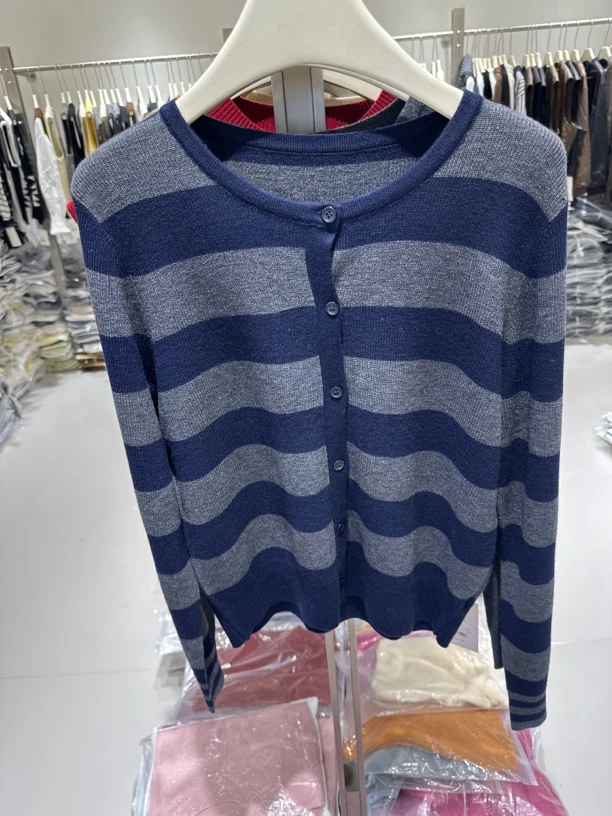 中长款秋季短款针织薄款毛针织衫休闲圆领打底衫条纹