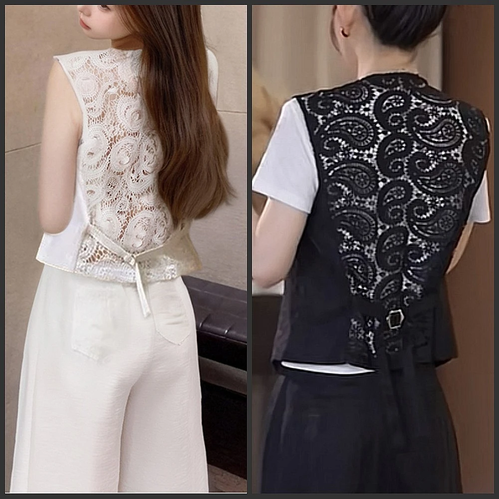 梦冬佳--120-190斤大码女装胖mm修身显瘦后背蕾丝镂空夏上衣马甲