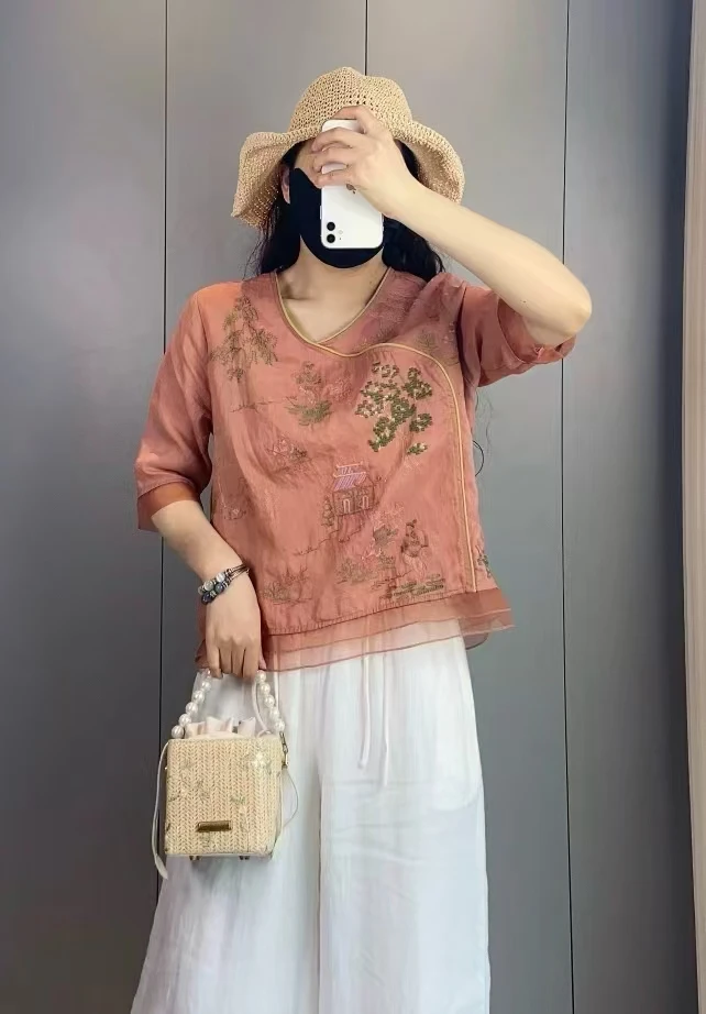 复古文艺范纯苎麻女士刺绣七分袖短款夏季衬衫