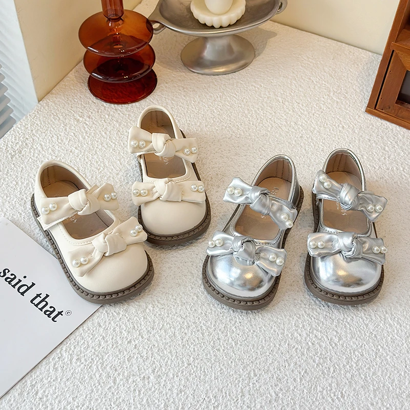 女童皮鞋2025秋季新款宝宝时尚蝴蝶结珍珠豆豆鞋女孩软底公主单鞋