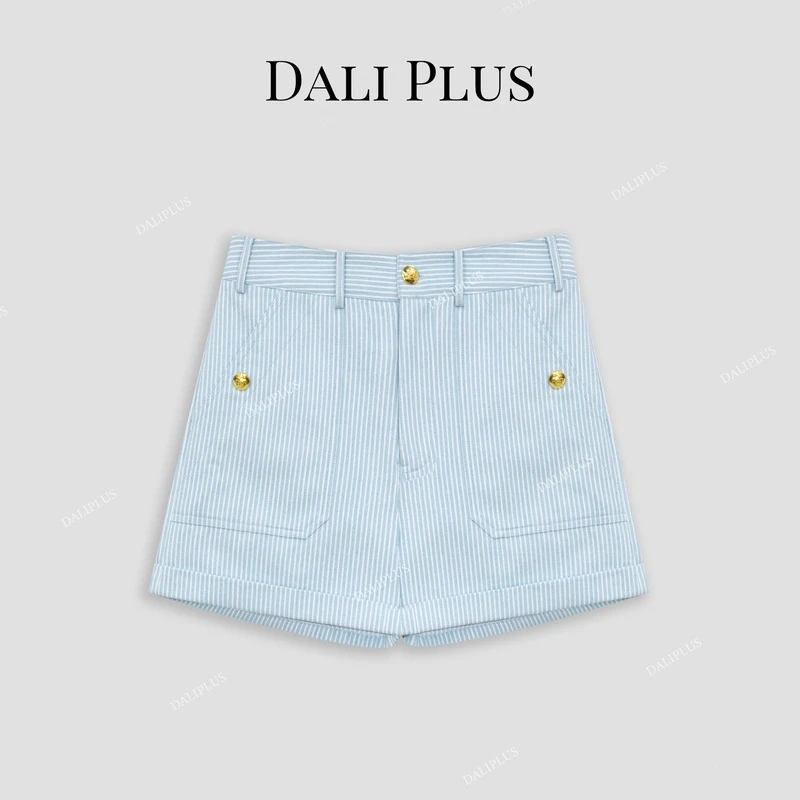 DALI PLUSDALI PLUS高腰时尚感减龄蓝色竖条纹短裤-D4JJ0014
