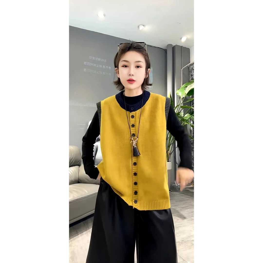 秋季新款宽松休闲百搭单排扣撞色圆领针织马甲