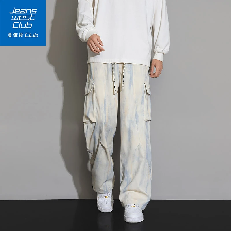 真维斯club秋季新款扎染渐变直筒系带裤男美式工装休闲宽松百搭裤