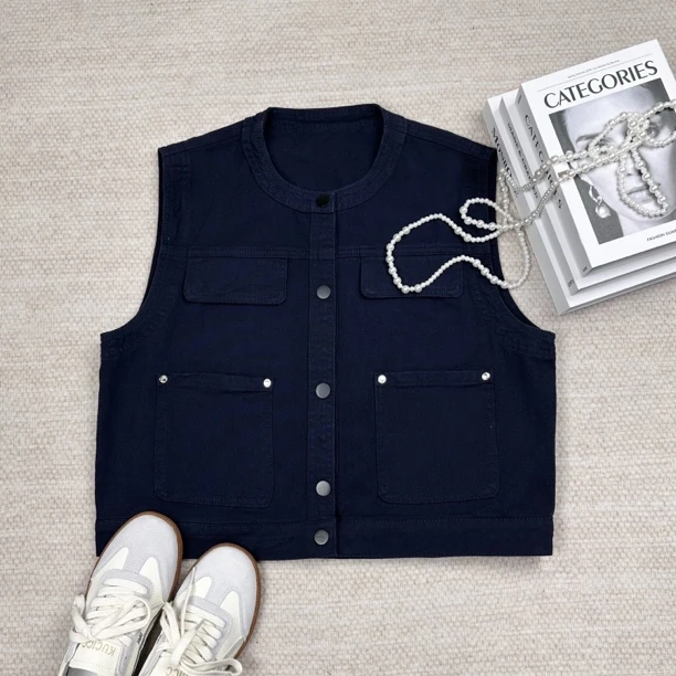 简约时尚工装口袋休闲无袖坎肩马甲外套 W60396