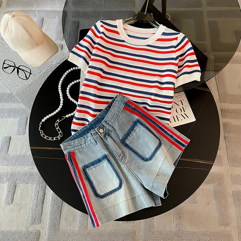夏季穿搭一整套女新款高级感条纹撞色短袖T恤显瘦牛仔短裤两件套