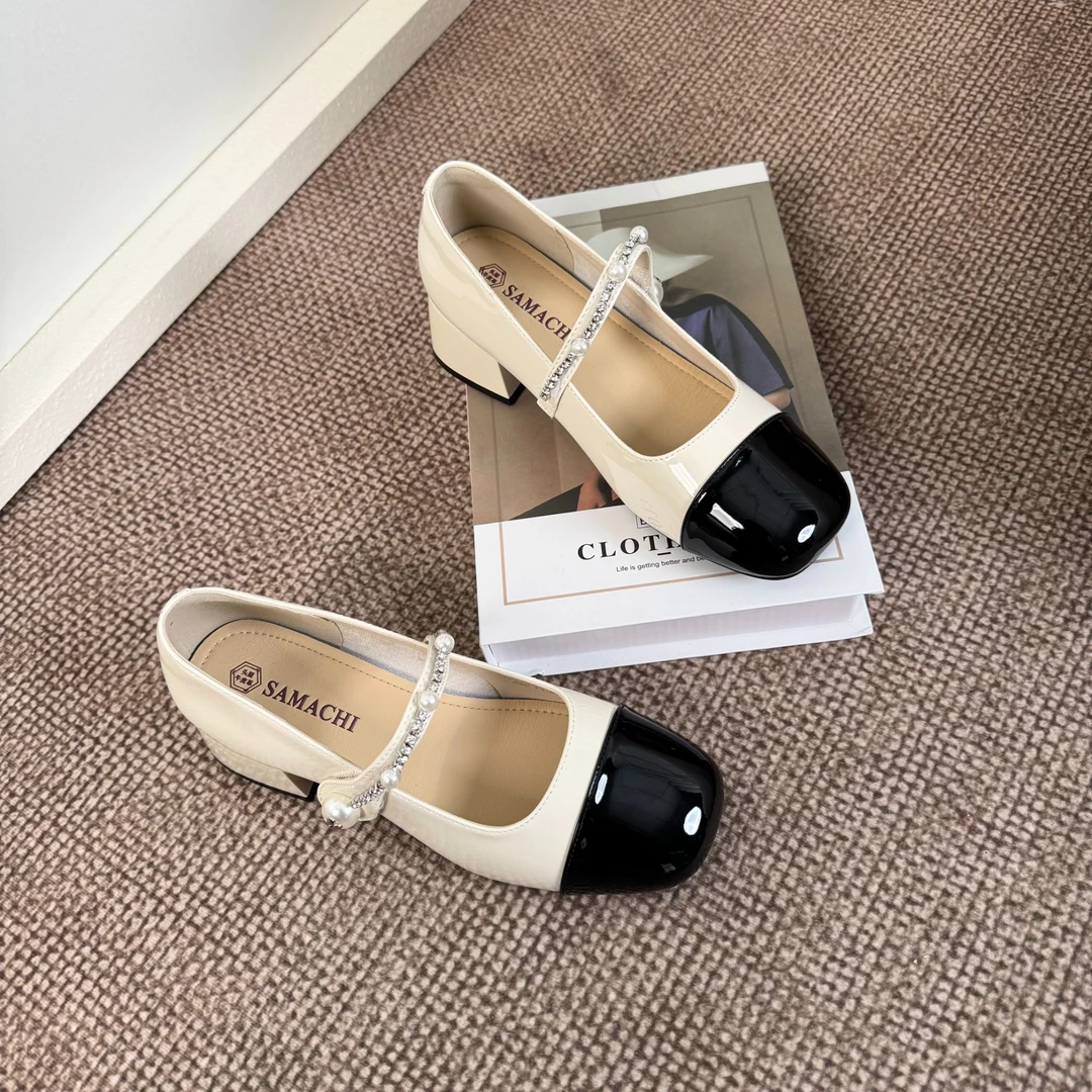 萨玛驰拼色玛丽珍女鞋小香风珍珠一字带复古女士单鞋/165103009