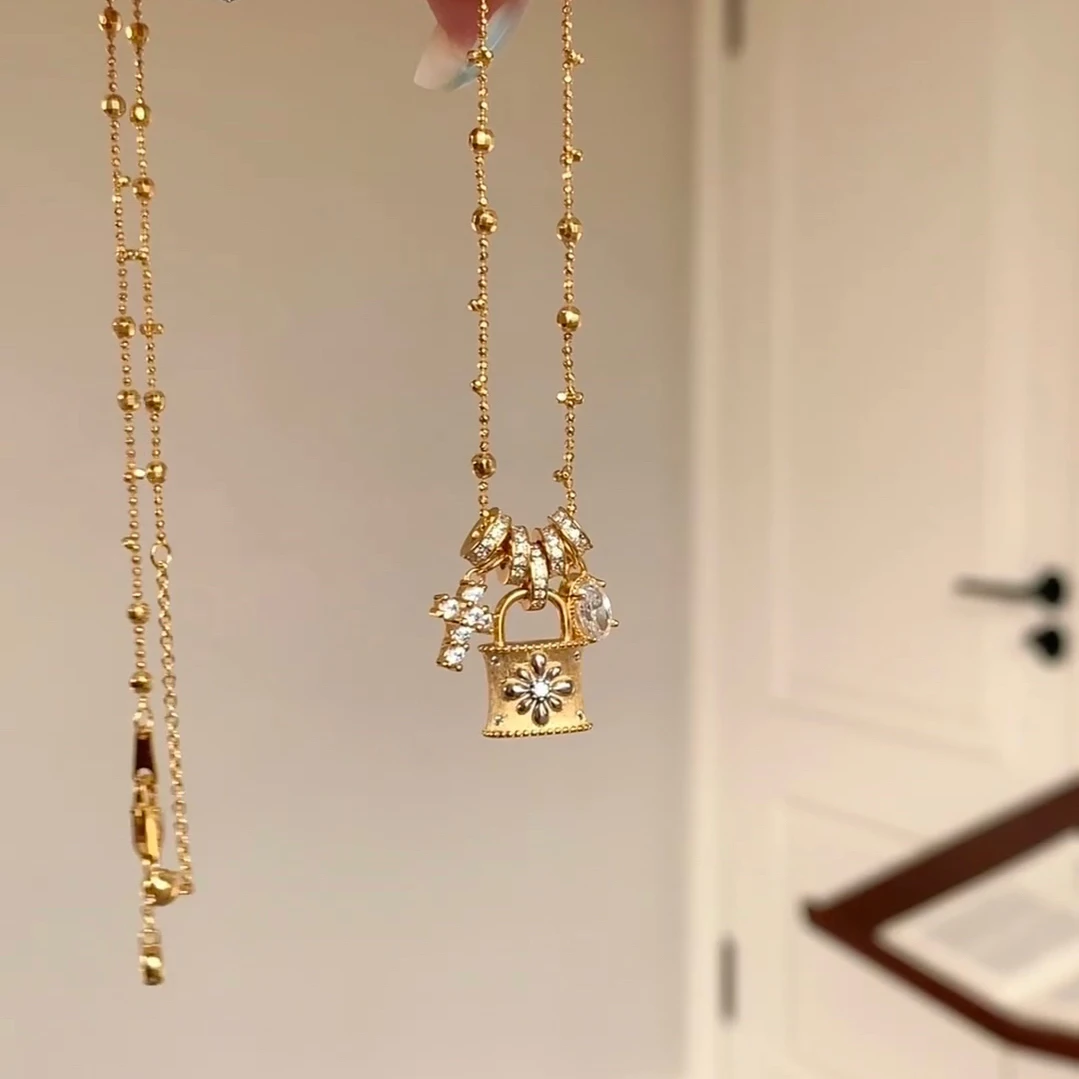 铜合金项链 复古重工拉丝工艺十字架金色长款毛衣链百搭时尚饰品