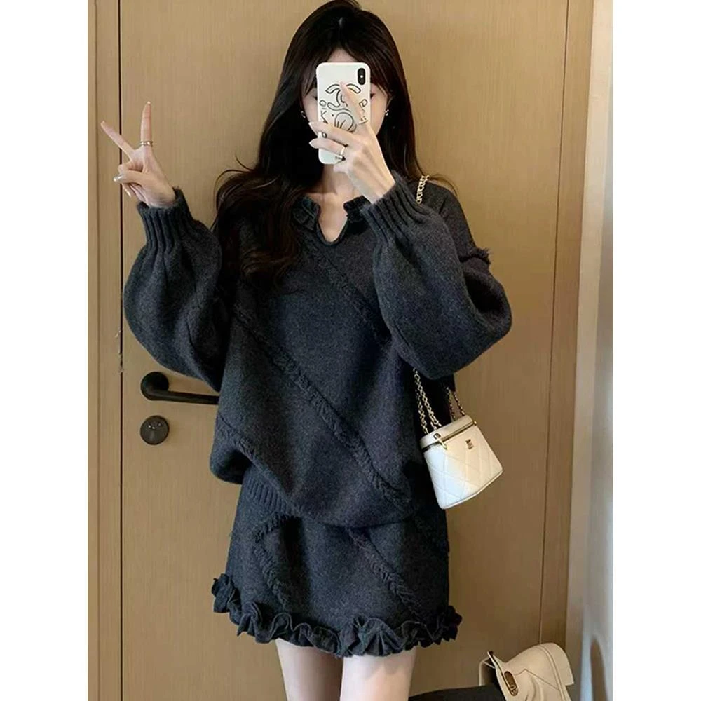 2025年慵懒风毛衣套装女深冬穿搭针织上衣半身裙两件套大码套装