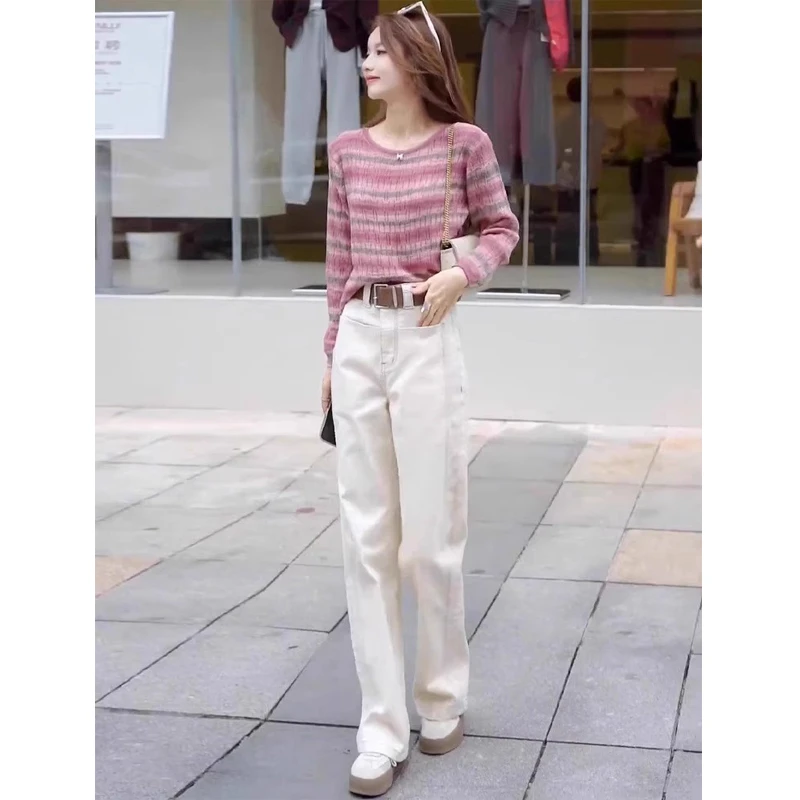 大码粉色圆领条纹镂空长袖针织衫女2025早秋新款休闲百搭显瘦上衣