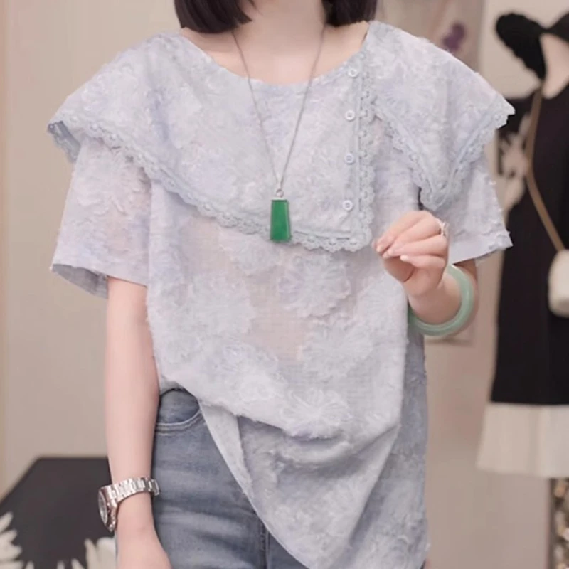 高级感提花刺绣短袖T恤2025夏季新款时尚气质洋气宽松荷叶领上衣