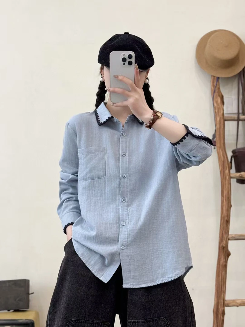 2025年夏新款文艺清新蓝色宽松双层棉纱休闲简约百搭衬衫长袖打底