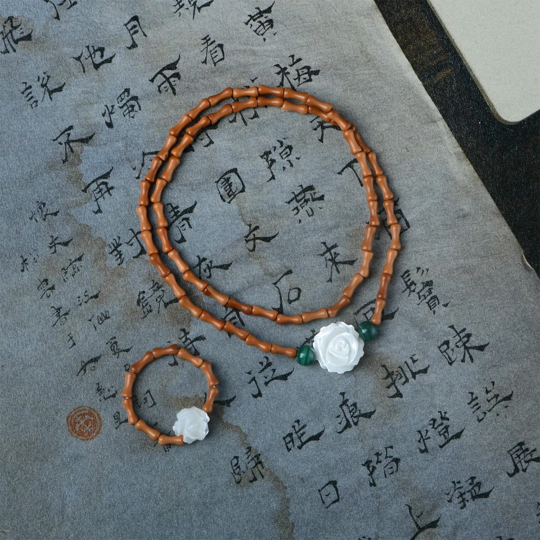 （木带宝）橄榄核竹节双圈配戒指花开富贵套装收藏