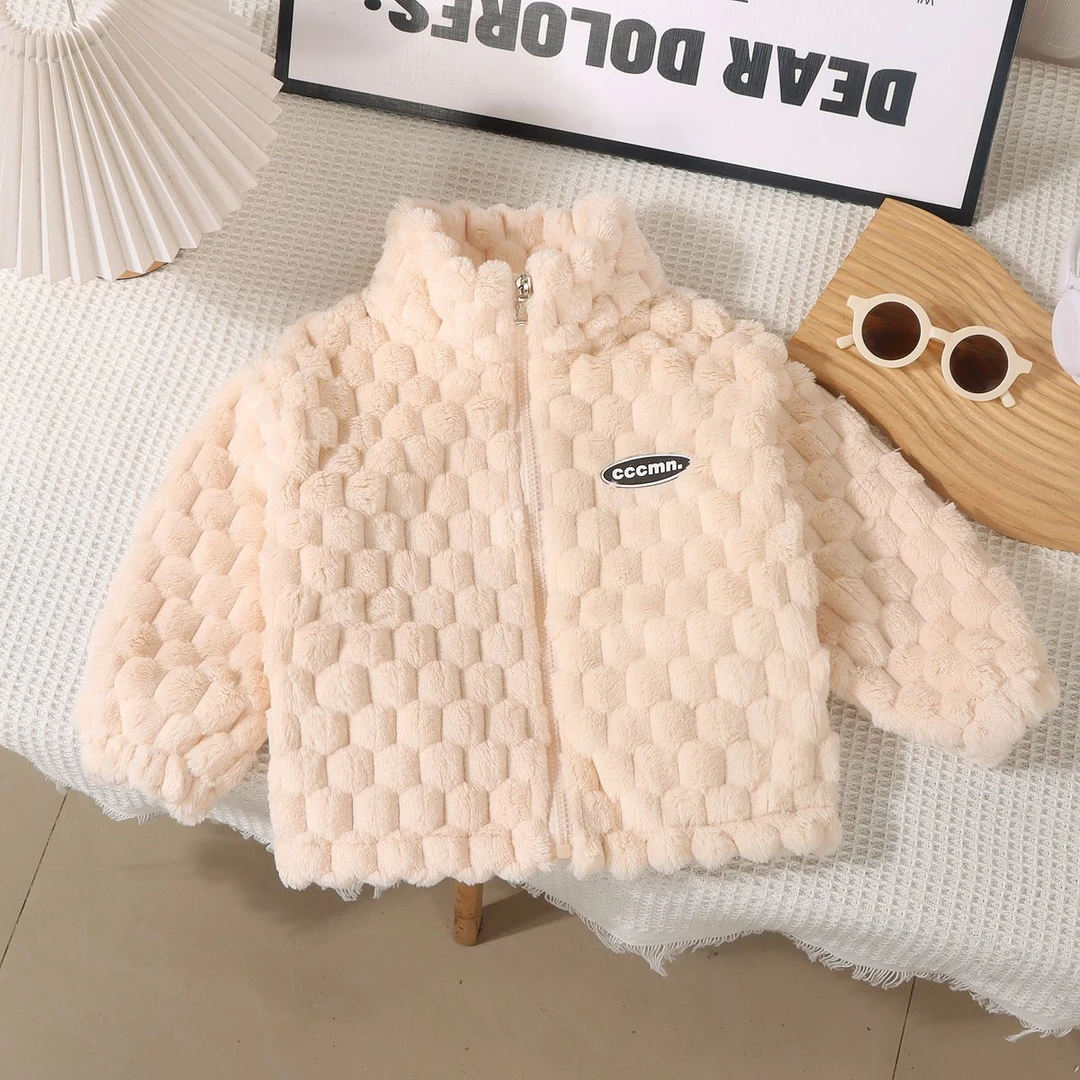 儿童外套加绒秋冬新款上衣法兰绒男女童保暖加厚洋气宝宝立领外穿