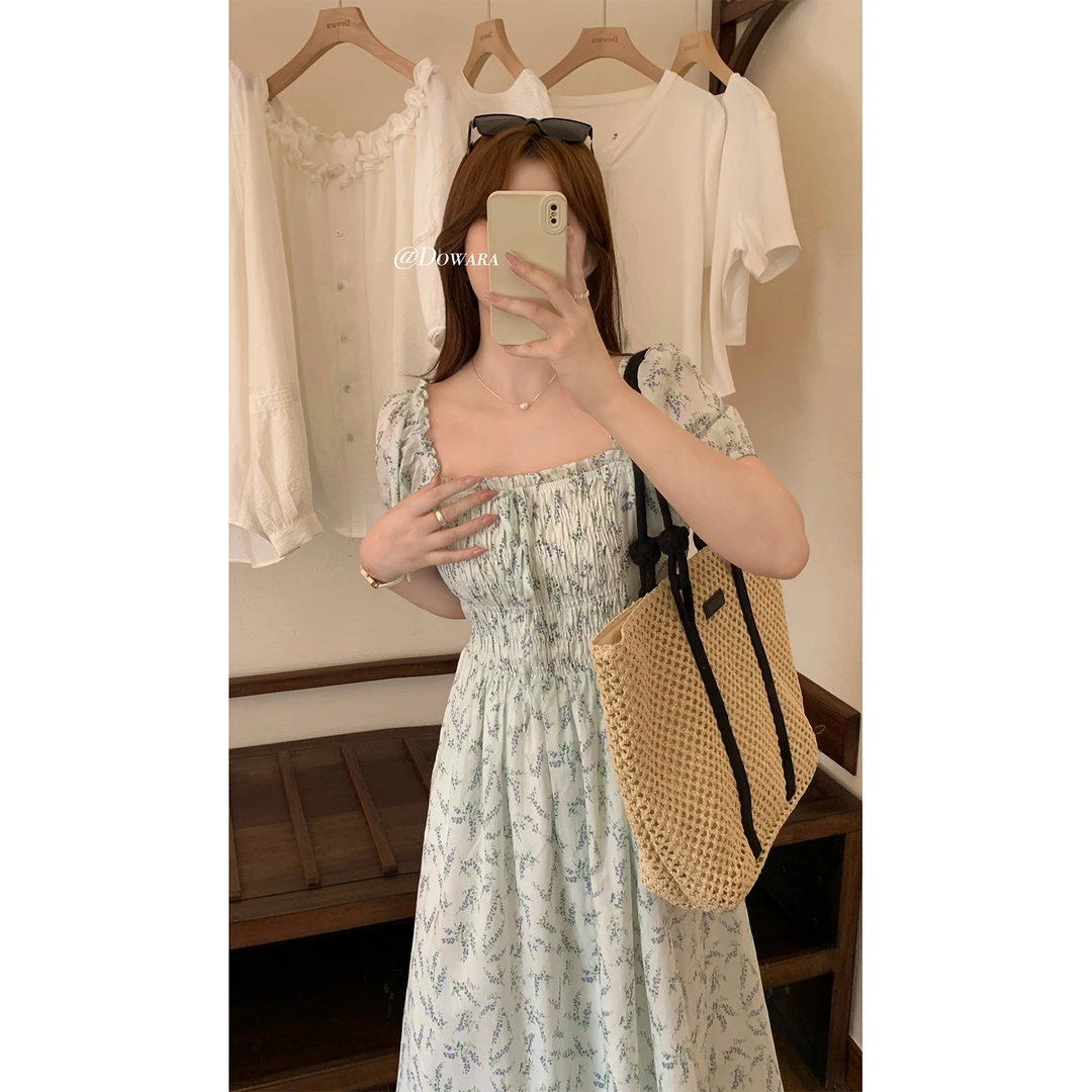 现货大婉酱微胖定制清新气质方领连衣裙夏季设计感碎花长裙 9145D