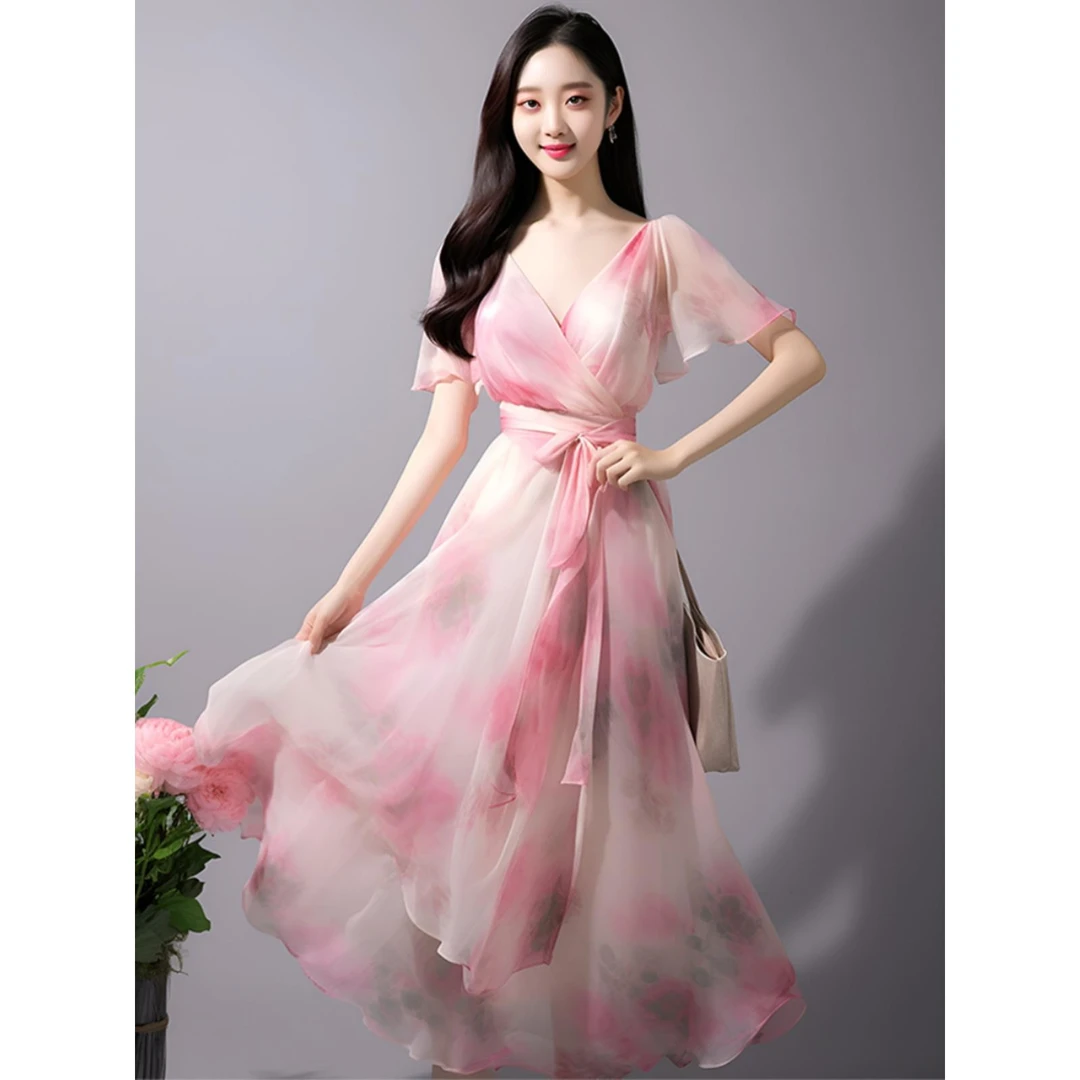 2025夏季新款女装，时尚优雅，粉色温柔，束腰裙，飘飘仙气，高端