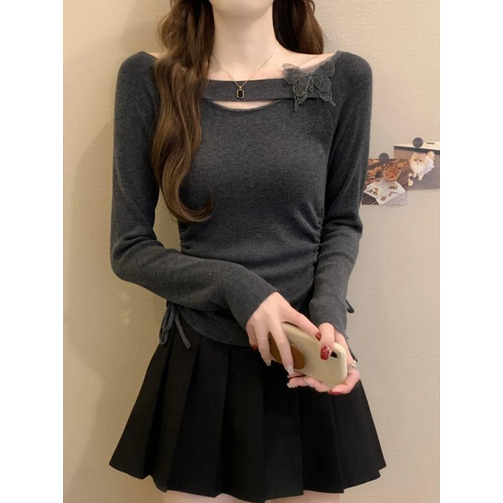 灰色蝴蝶针织打底衫女早秋季修身显瘦内搭miu系独特漂亮长袖上衣