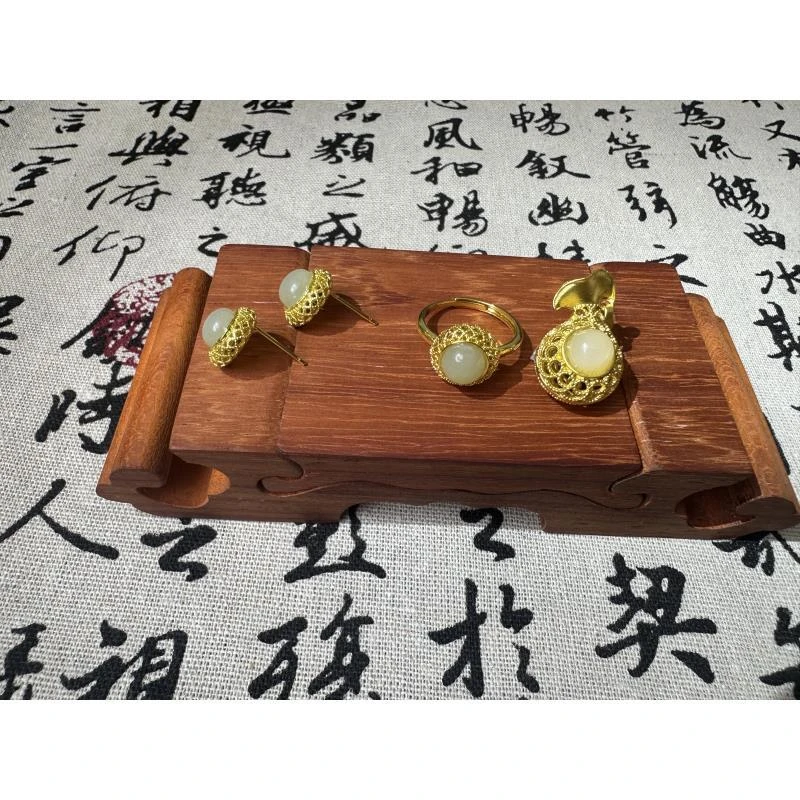 【王美丽】保真和田玉合金镶嵌福袋戒指耳环三件套（多样性发一件）