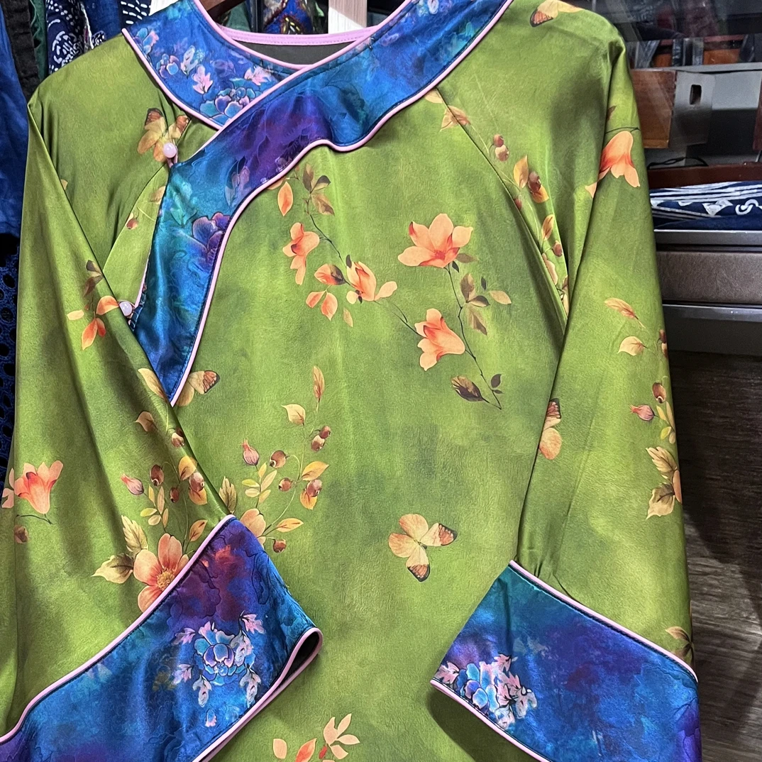 桑蚕丝重磅香云纱新中式太太服圆领斜襟上衣