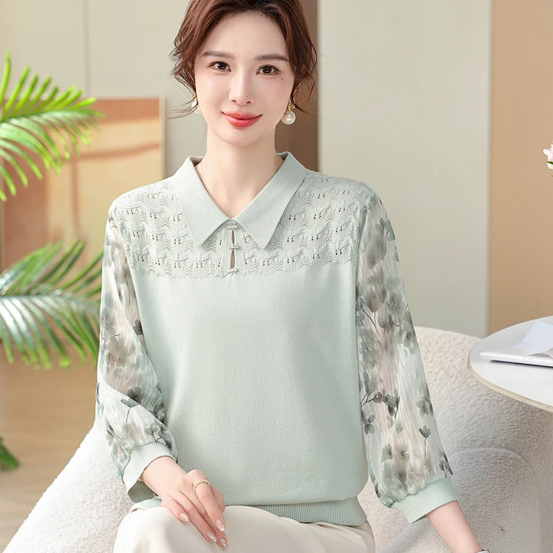 中年妈妈春秋薄款纱袖针织小衫中老年女装洋气翻领上衣打底衫T恤