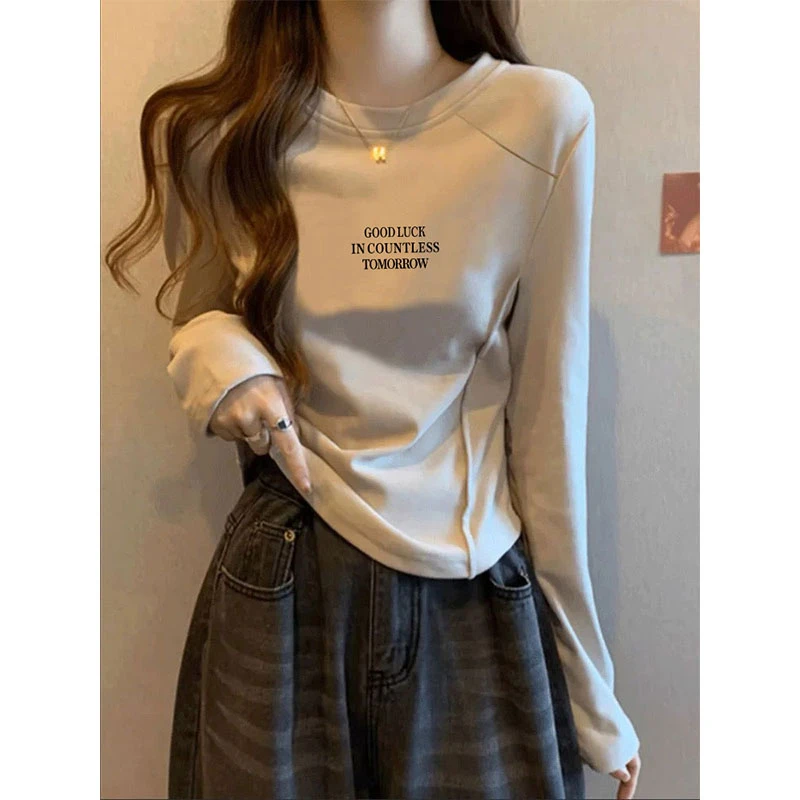 小众鱼骨线条德绒长袖t恤女加厚内搭打底衫保暖上衣2025春秋冬季