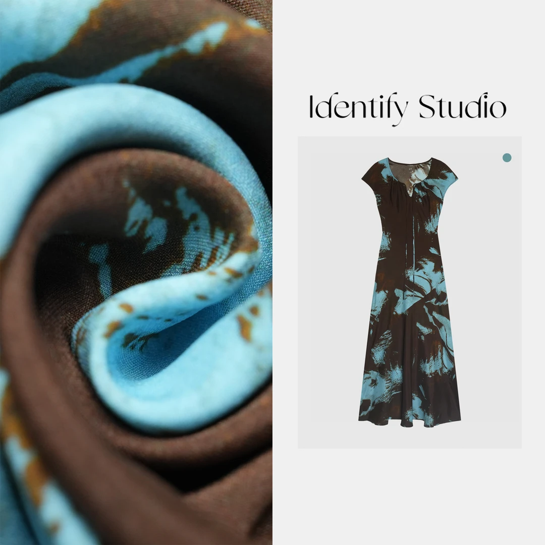 IDENTIFY“蓝花”夏季上新时尚休闲撞色印花100真丝连衣裙25SS