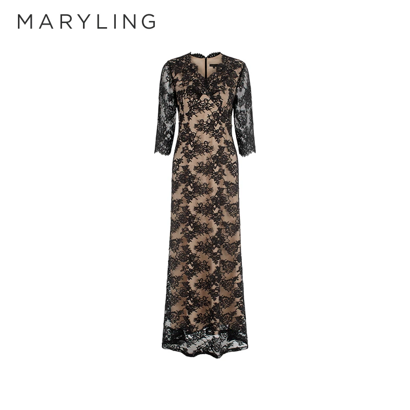MARYLING玛俪琳2025初夏蕾丝花边V领蕾丝礼服连衣裙A1FCW68030