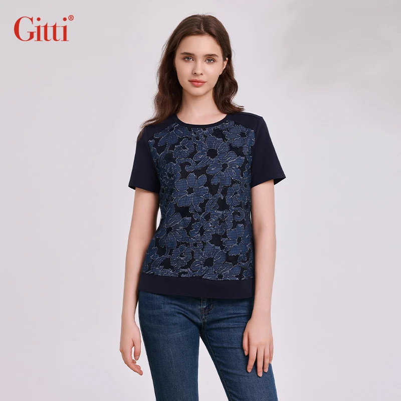 Gitti/吉蒂提花网纱拼接圆领显瘦棉感短袖T恤女G251644