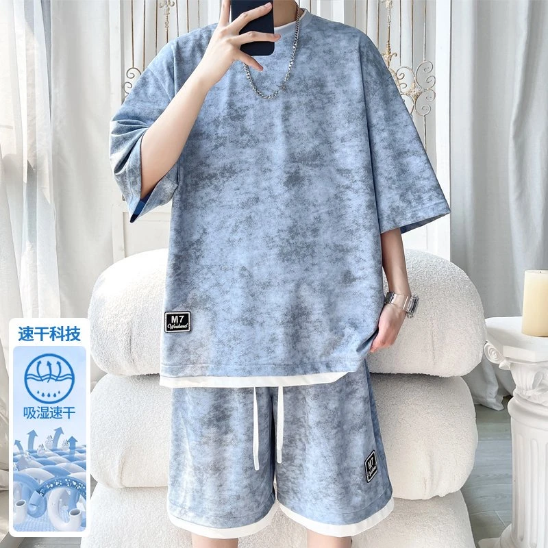 JIANXUN/简询夏季速干冰丝套装男宽松潮牌大码薄款衣服半袖休闲