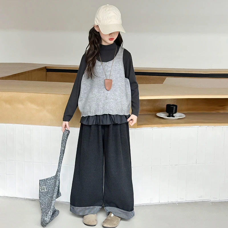 女童秋装吊带马甲套装2025新款韩系大童时髦女孩牛仔阔腿裤三件套