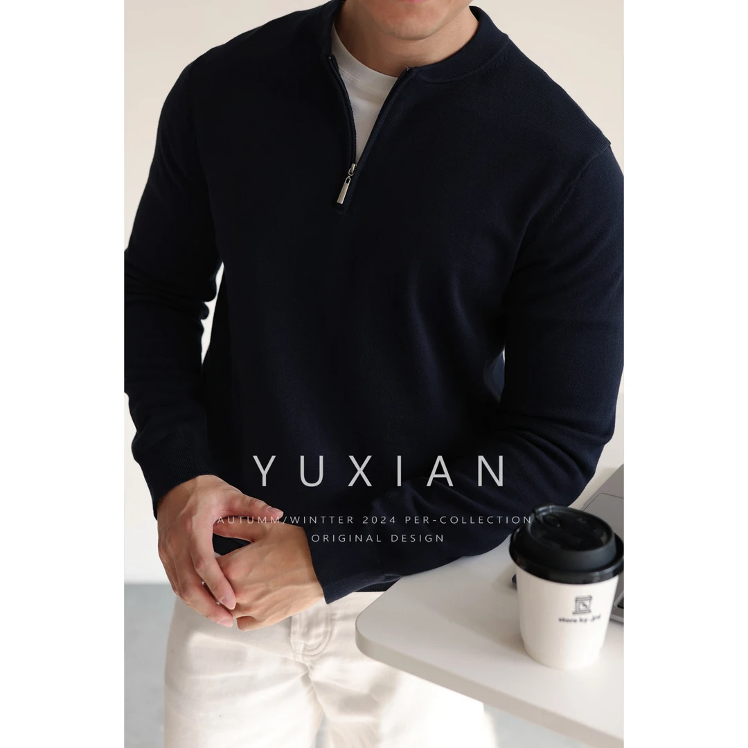 YUXIAN美式长绒棉半拉链亨利领纯棉针织长袖毛衣休闲商务男士春秋