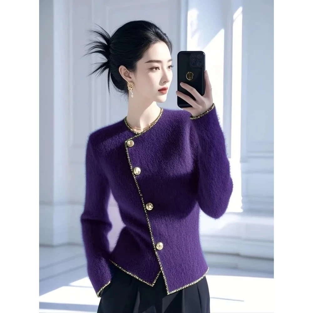 今年流行漂亮紫色毛衣外套女冬季2025奶fufu高级感超好看针织上衣