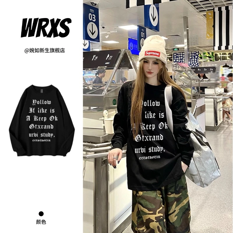 【婉如新生】高街美式ins潮牌小众字母长袖t恤女bf复古设计情侣上衣