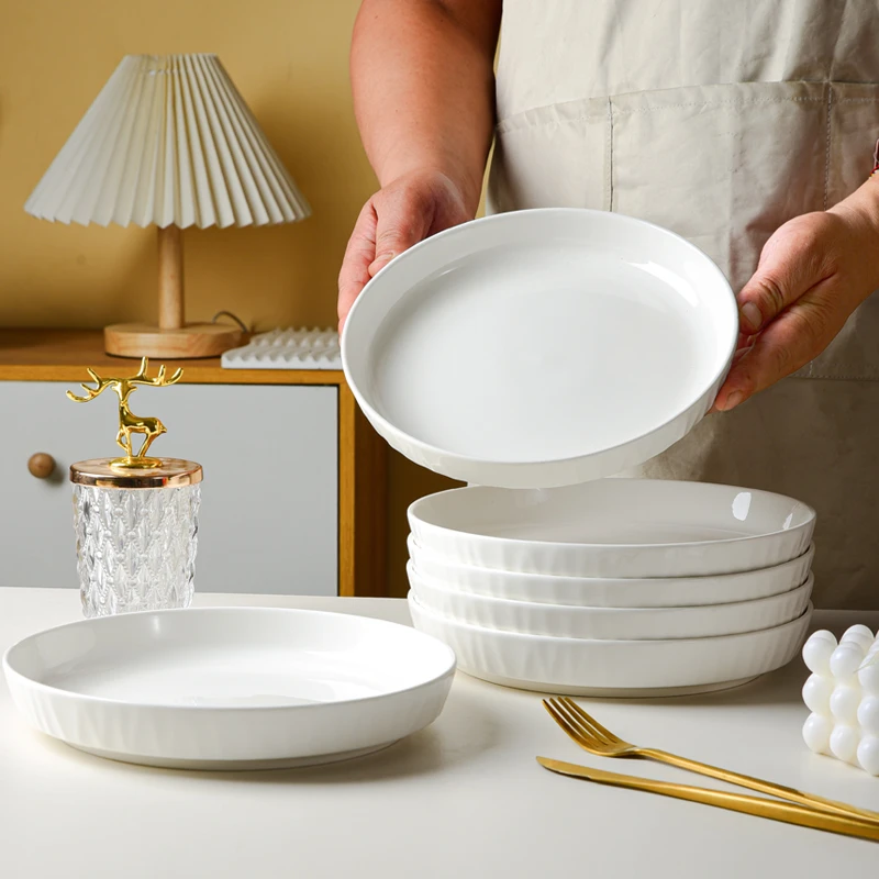 6只8英寸纯白琉璃盘家用颜值陶瓷餐具菜盘饭盘陶瓷盘子