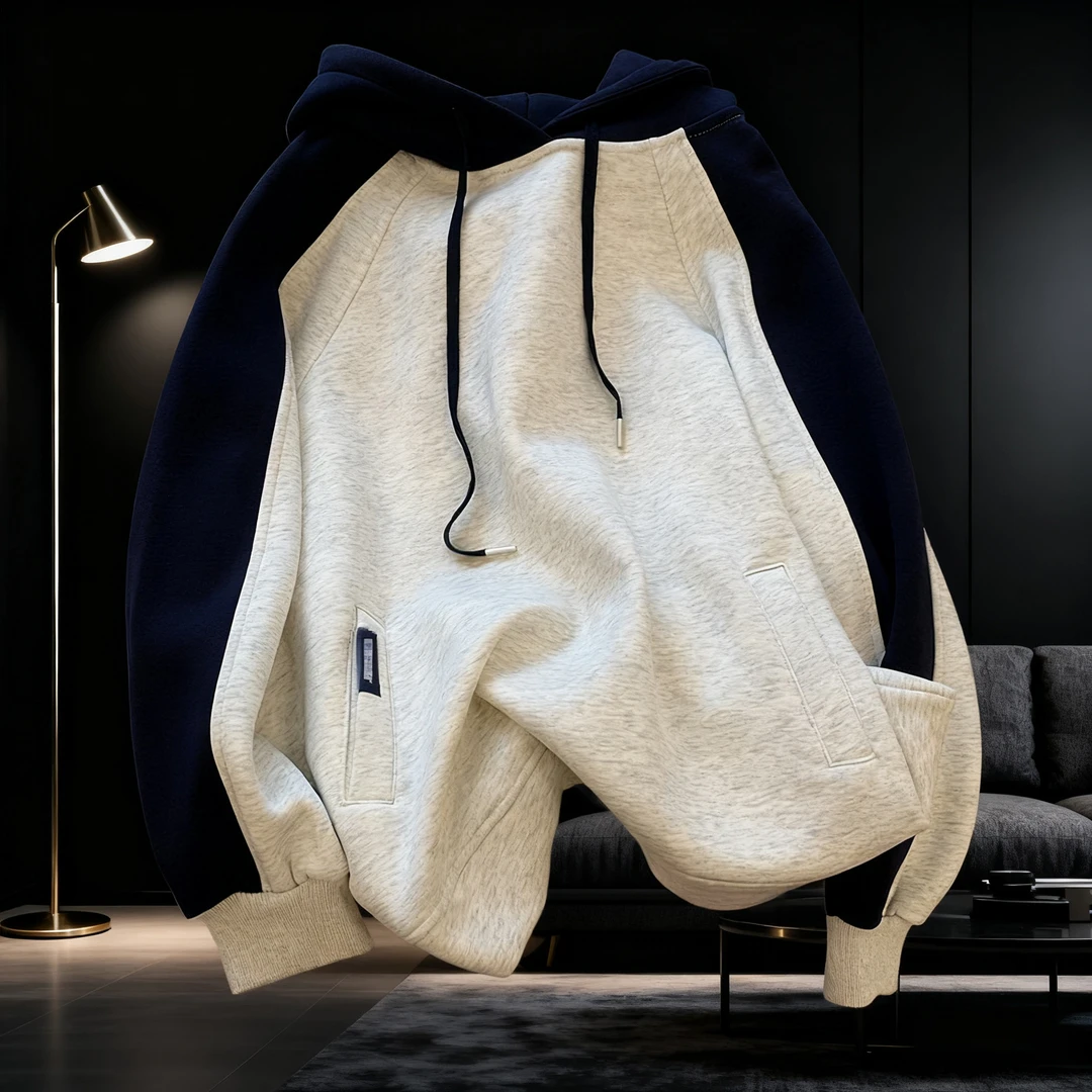 加绒日韩复古大码300斤潮牌卫衣男女设计感撞色情侣连帽外套ins潮