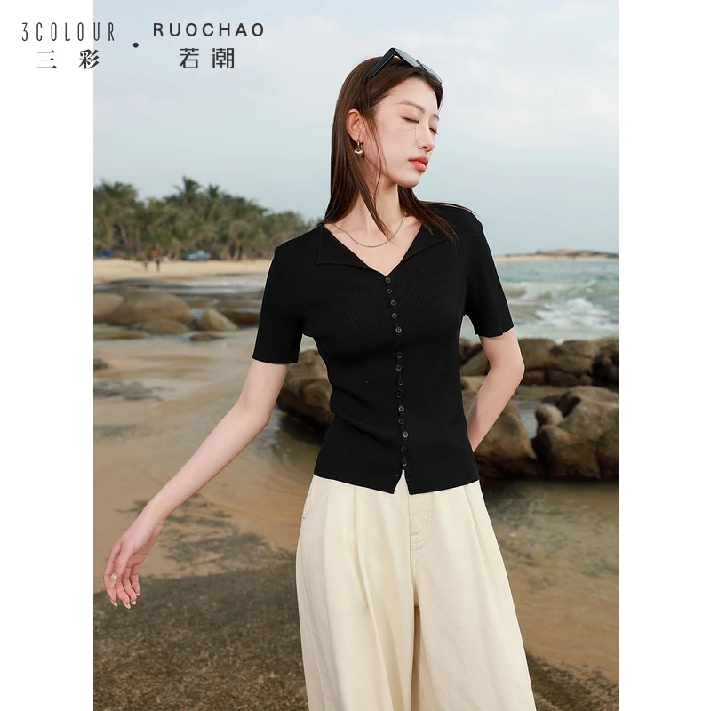 【冰丝麻纱】三彩大码女装2025夏季新款休闲针织衫短袖V领上衣坑条